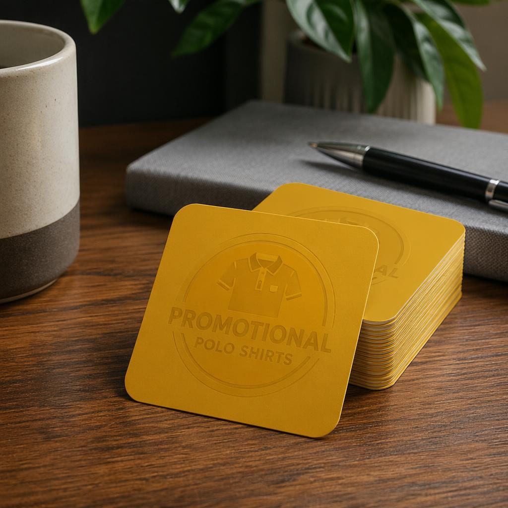 Mustard yellow sticker pack mockup on a warm desk scene with subtle promotional polo shirts logo and realistic paper texture.