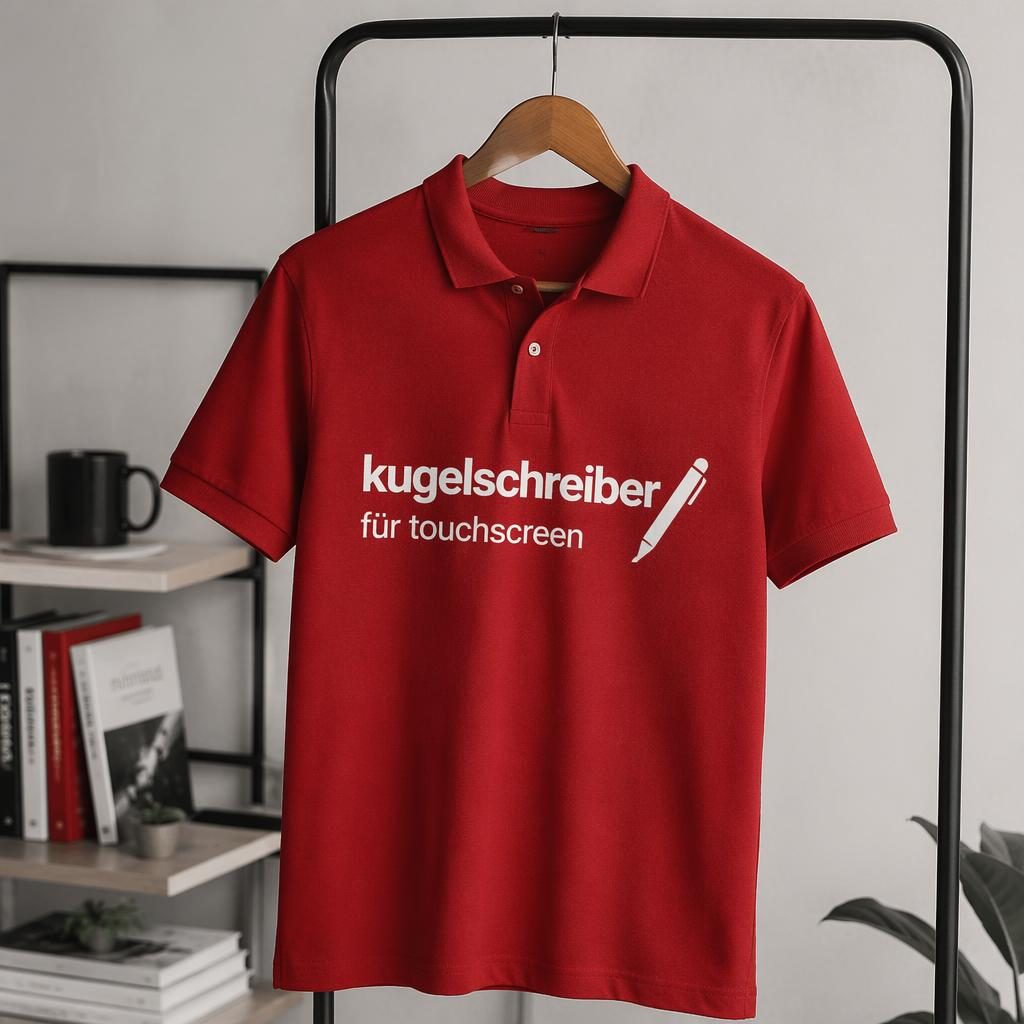 Rotes Polo-Shirt als realistisches Mockup an einer Kleiderstange mit großem Typo-Logo, Studioaufnahme
