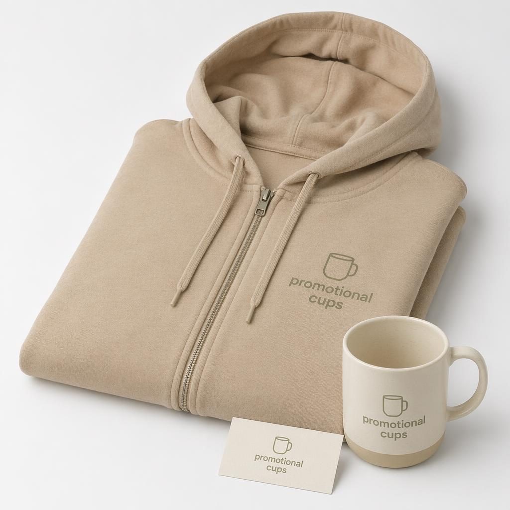 Beige sand zip-up hoodie mockup on a white background with a subtle tone-on-tone promotional cups logo