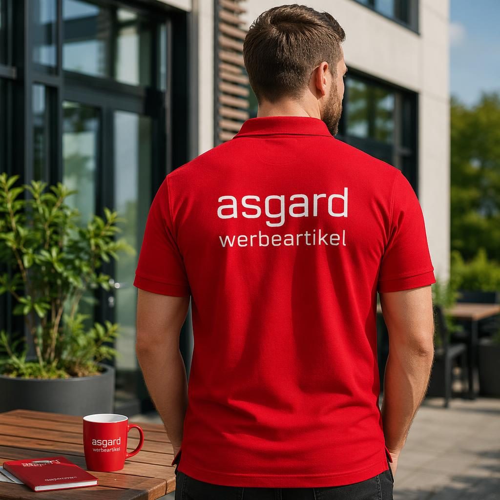Rotes Polo-Shirt als Outdoor-Mockup mit weißem asgard werbeartikel Logo groß auf dem Rücken, fotorealistisch