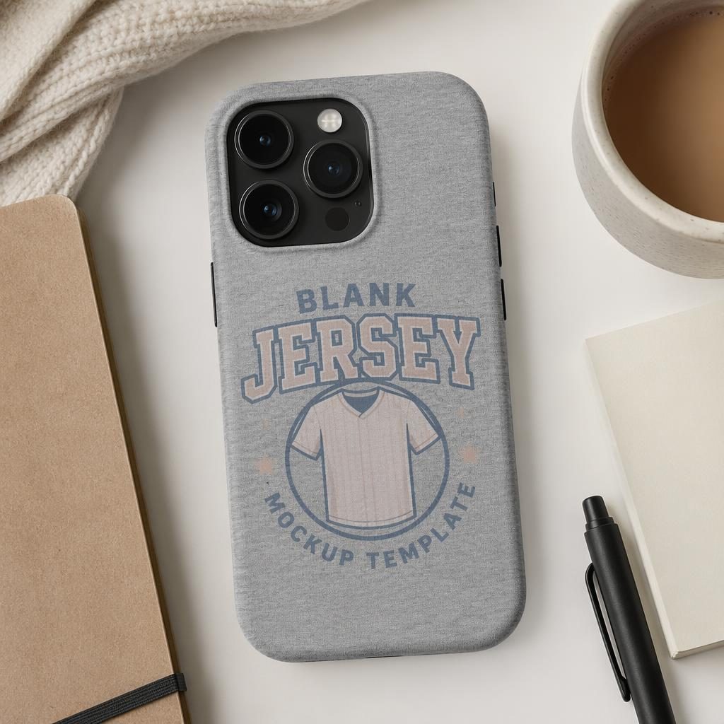 Studio flat lay of a heather gray phone case mockup with placeholder logo on the full back in a soft pastel palette.