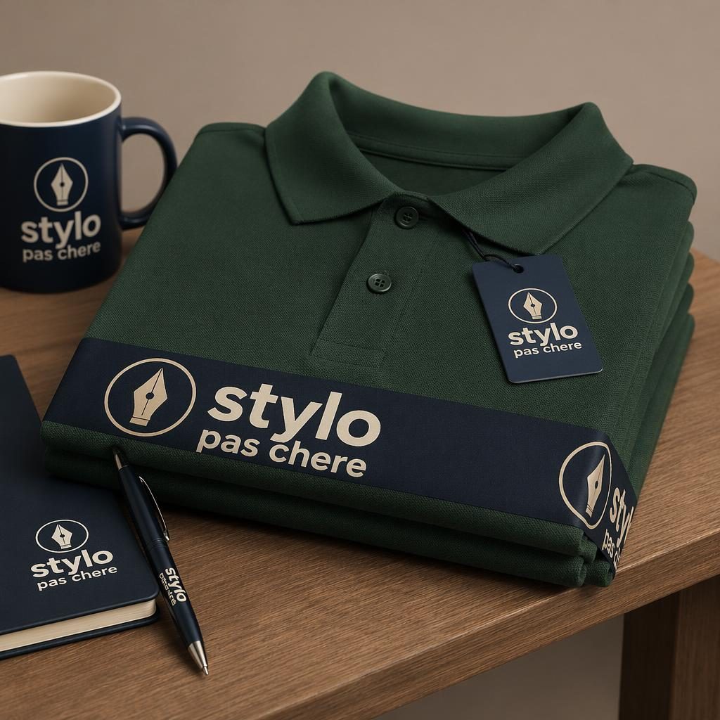 Pile de polos vert forêt pliés avec logo typographique crème et marine, vue studio nette sur texture textile réaliste.