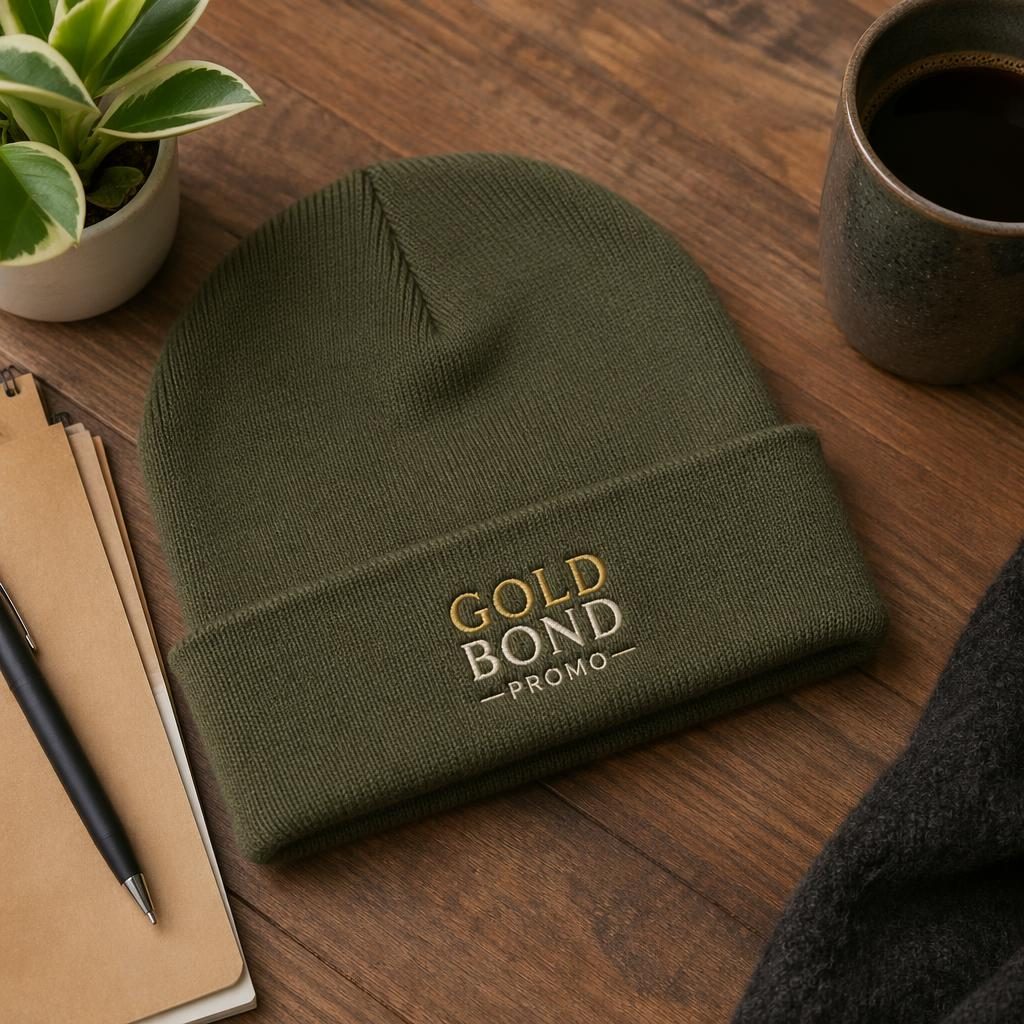 Olive green beanie with gold bond promo embroidery in a warm desk lifestyle scene with mug and paper props