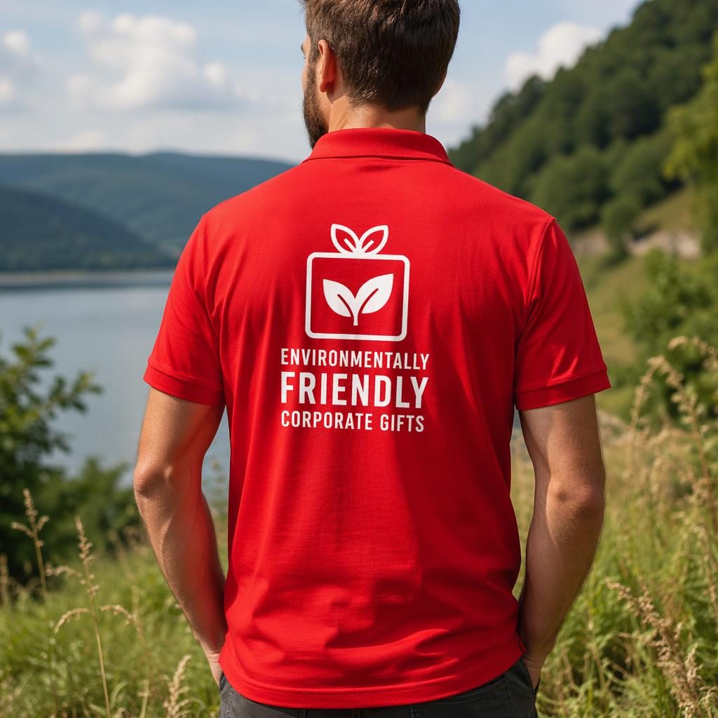 Photo-real red polo shirt mockup outdoors with white back logo, sharp fabric texture, studio-quality lighting