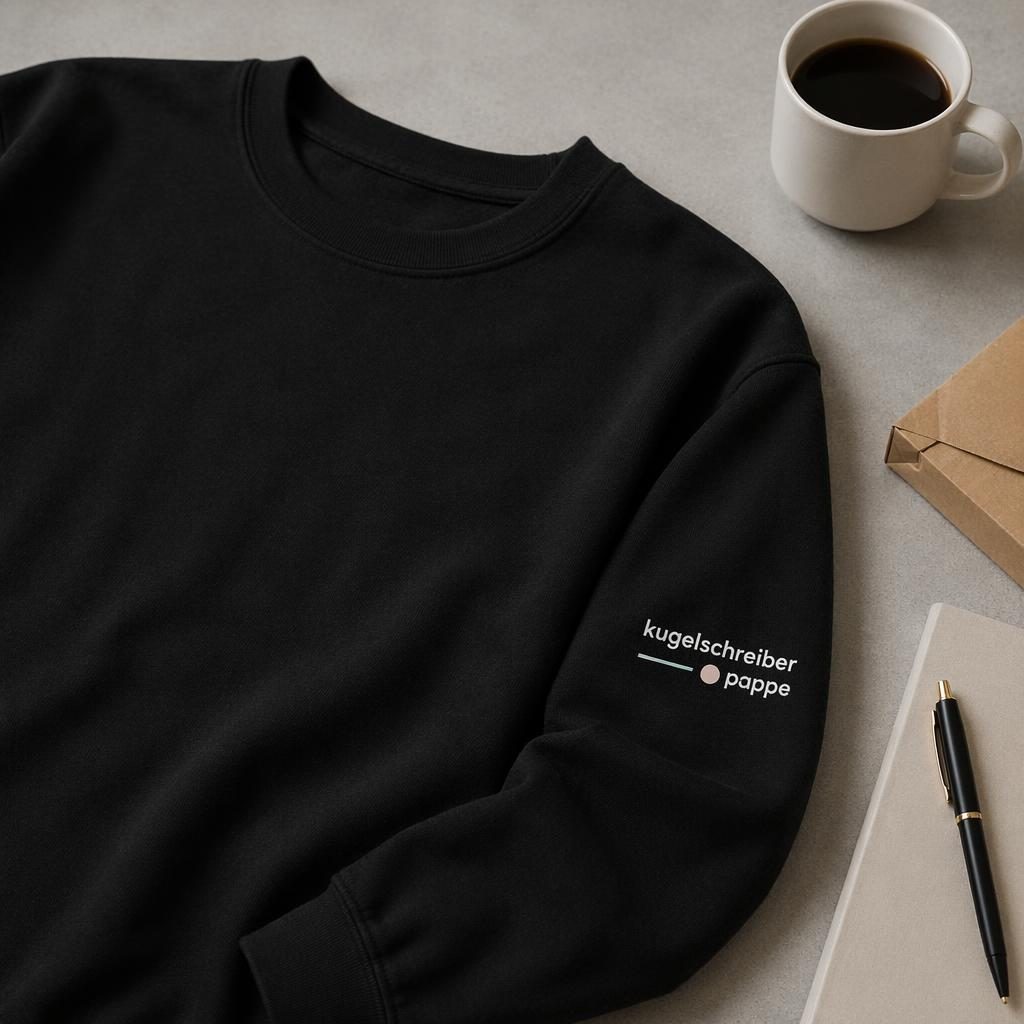 Schwarzes Crewneck-Sweatshirt als Studio-Flat-Lay mit kugelschreiber pappe Logo am Ärmel, scharfer Fokus