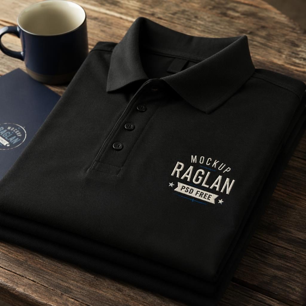 Folded stack of black polo shirts with cream and navy embroidered placeholder logo in a studio product mockup.
