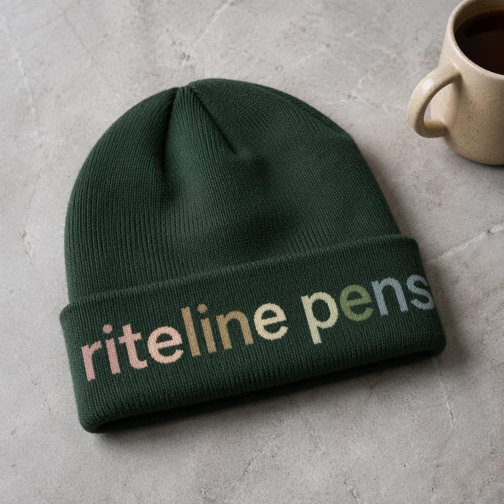 Studio flat lay mockup of a forest green beanie with riteline pens logo wrap-around in a soft pastel palette.