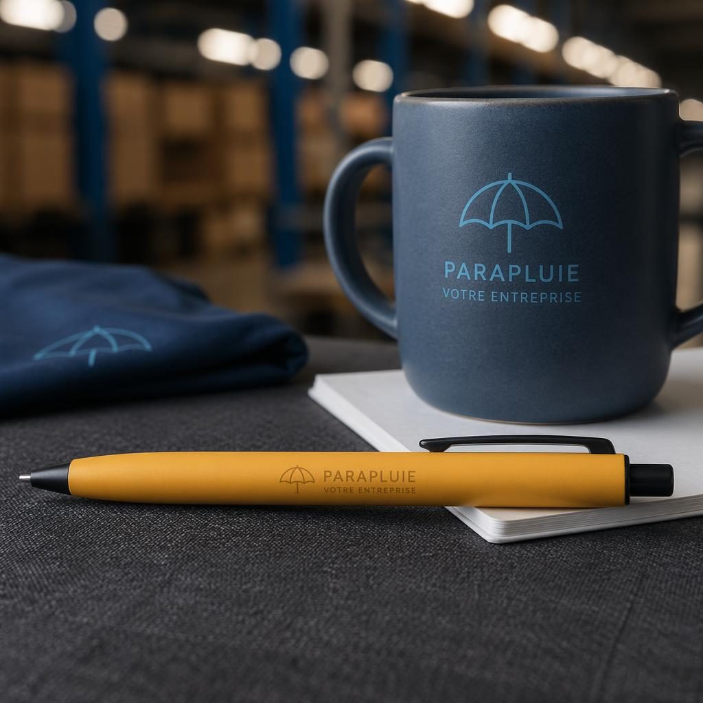Mockup photo réaliste d’un stylo jaune moutarde avec logo ton sur ton, ambiance entrepôt industriel en studio.