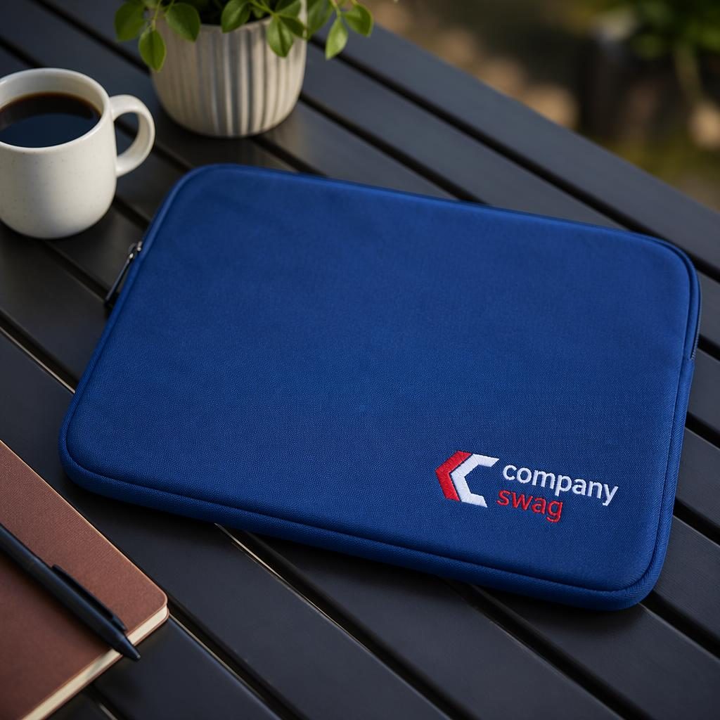 Royal blue laptop sleeve mockup outdoors with red and white company swag logo embroidery in sharp focus