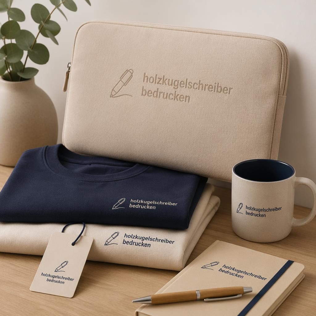 Beiger Laptop-Sleeve aus Stoff im gefalteten Stapel, mit dezentem Ton-in-Ton-Logo im Studio fotografiert