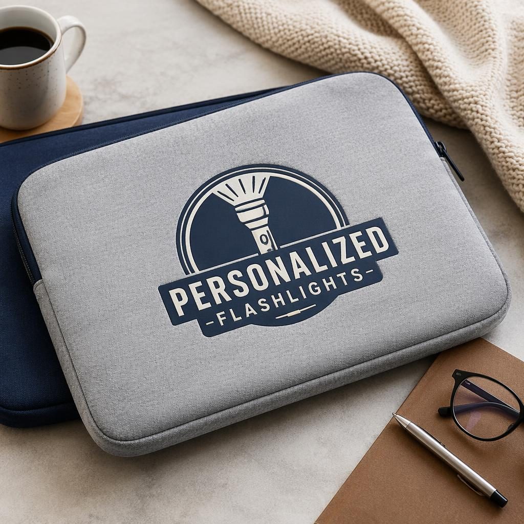 Folded heather gray laptop sleeve mockup with navy and cream personalized flashlights logo on the back