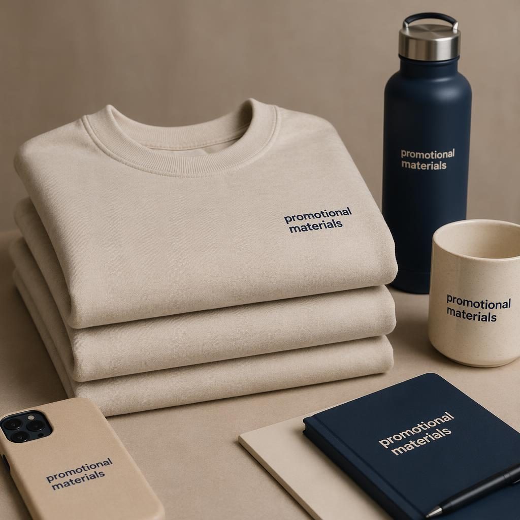 Beige sand phone case mockup in a folded stack with a small promotional materials logo and navy cream palette.