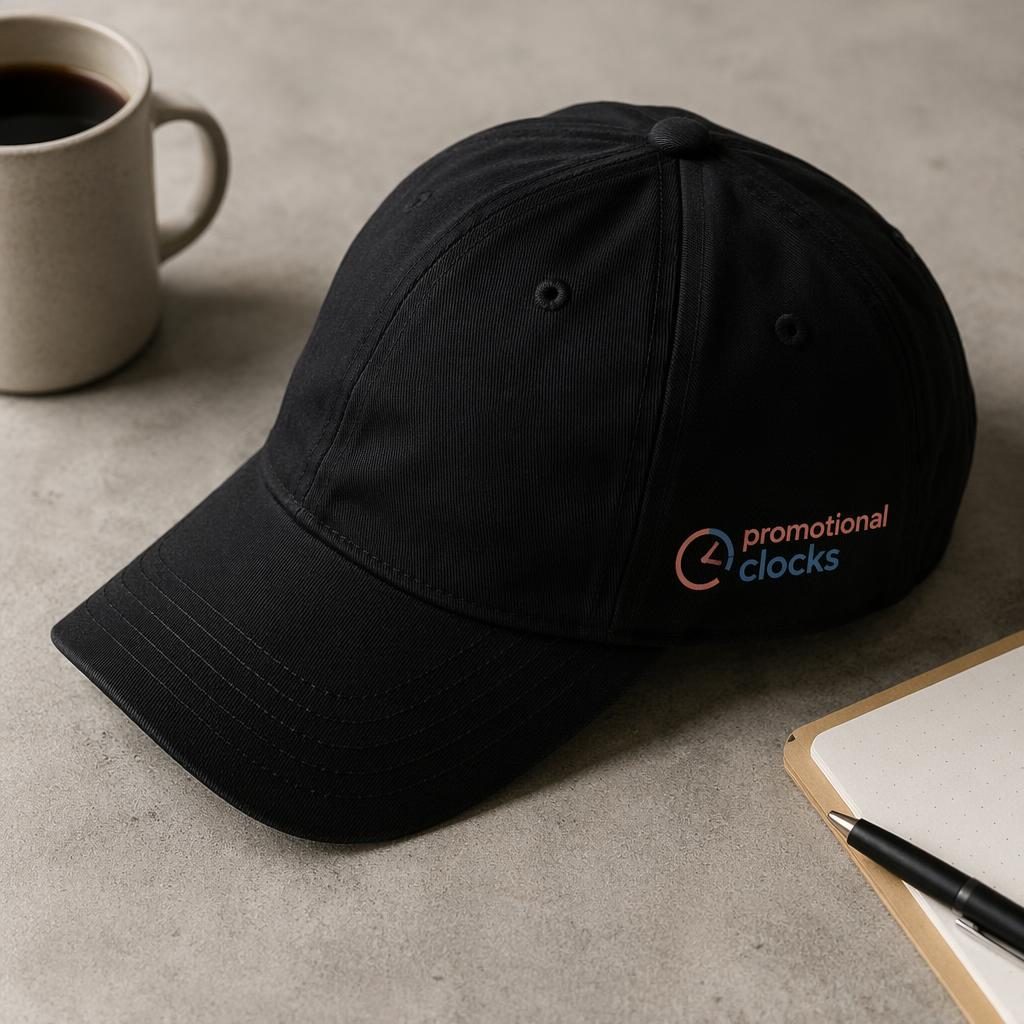 Studio flat lay of a black cap mockup with promotional clocks logo in a soft pastel palette on the side