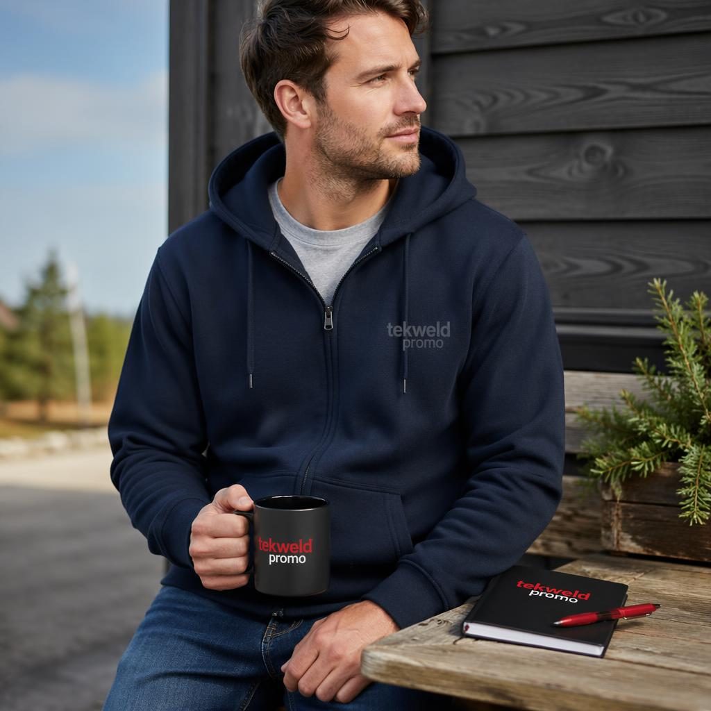 Photo-real navy zip-up hoodie mockup outdoors with subtle tone-on-tone tekweld promo logo and sharp fabric texture.