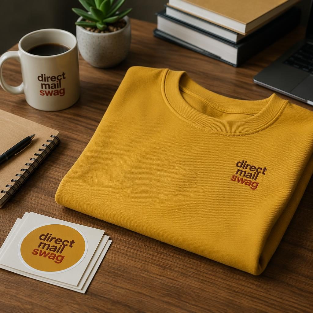 Photo-real mustard yellow sticker pack mockup on a desk, with small direct mail swag logo and warm earth-tone styling.