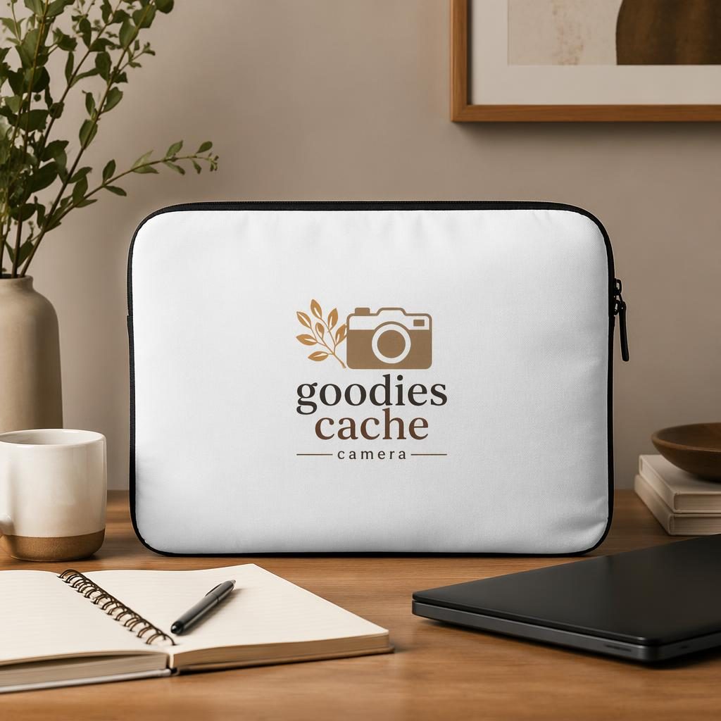 Housse blanche pour ordinateur portable sur bureau, logo goodies cache camera centré, scène lifestyle aux tons chauds.