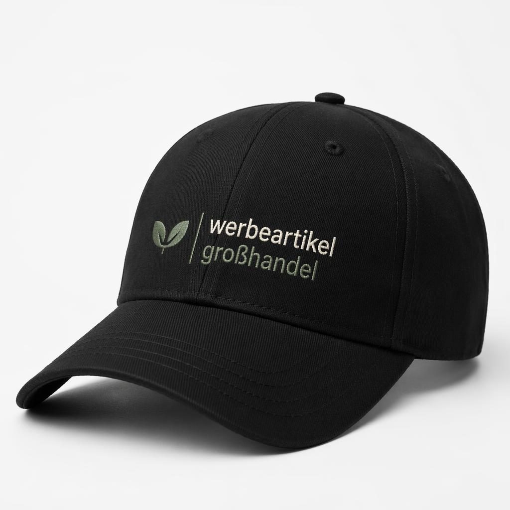 Schwarze Cap als realistisches Produkt-Mockup auf weißem Hintergrund mit gesticktem werbeartikel großhandel Logo