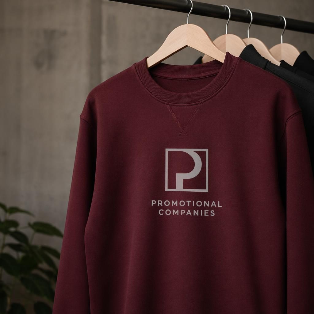 Photoreal burgundy beanie hanging on a rack with a centered generic promotional companies logo in a minimal palette.