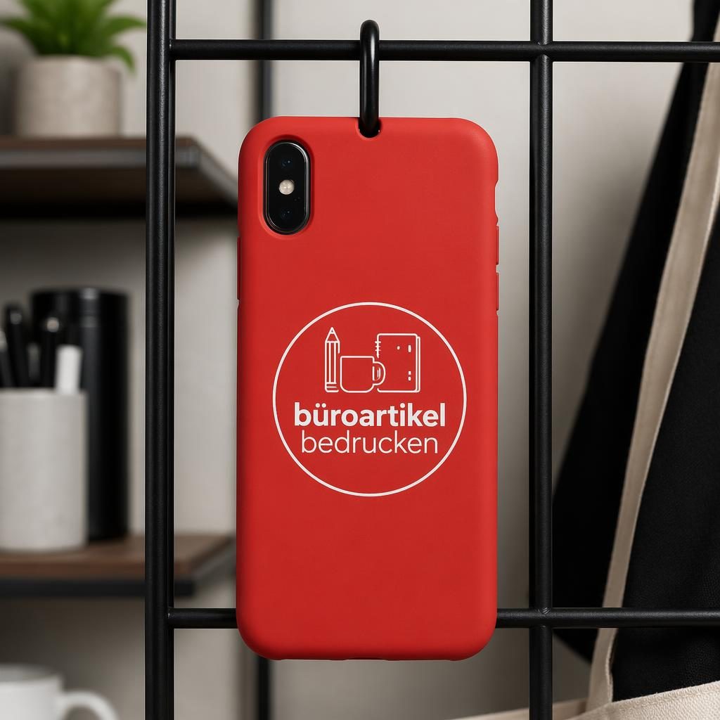 Fotorealistisches Mockup einer roten Handyhülle mit büroartikel bedrucken Logo auf der Rückseite, hängend im Studio