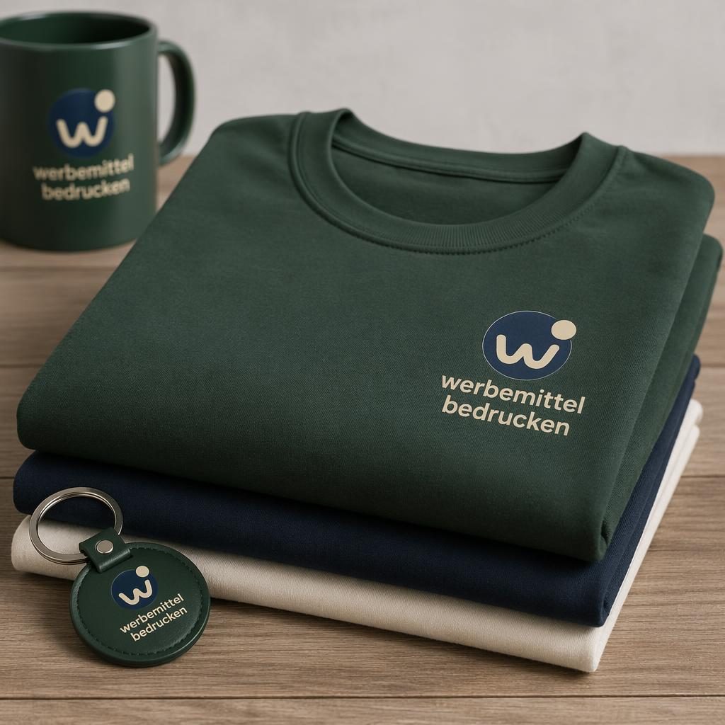 Fotorealistisches Mockup eines waldgrünen Schlüsselanhängers als gefalteter Stapel im Studio, mit zentriertem Logo.