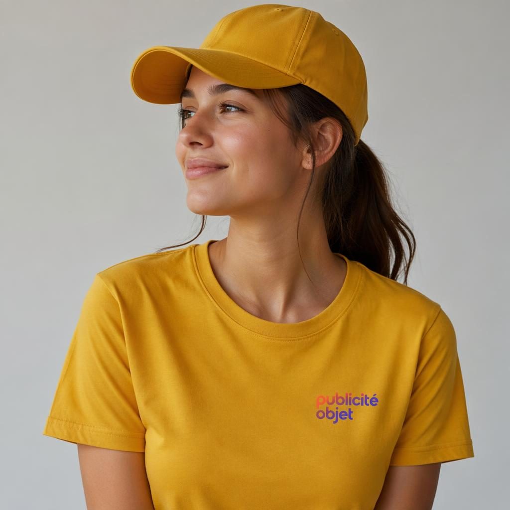Casquette jaune moutarde portée sur modèle, avec petit logo coloré publicité objet, photo studio nette.