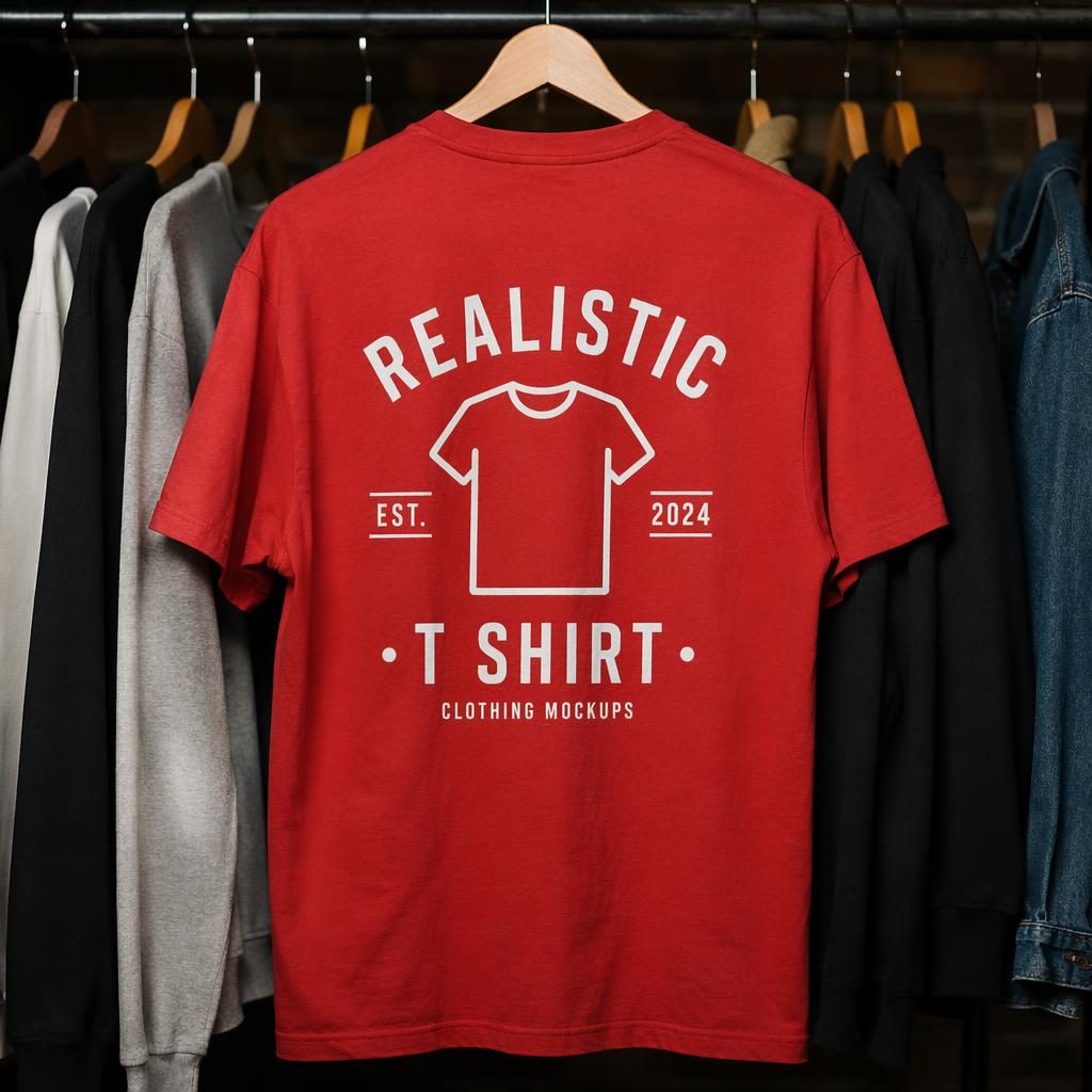 Photo-real red sticker pack hanging on a rack with realistic t shirt logo on the full back, studio lighting.