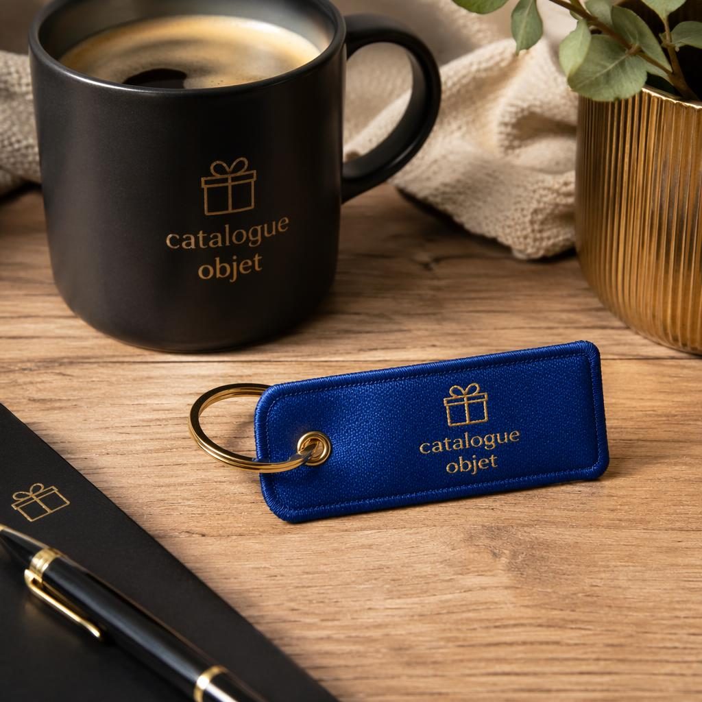 Porte-clés bleu royal en mockup photo réaliste, logo catalogue objet brodé, ambiance maison cosy noir et or