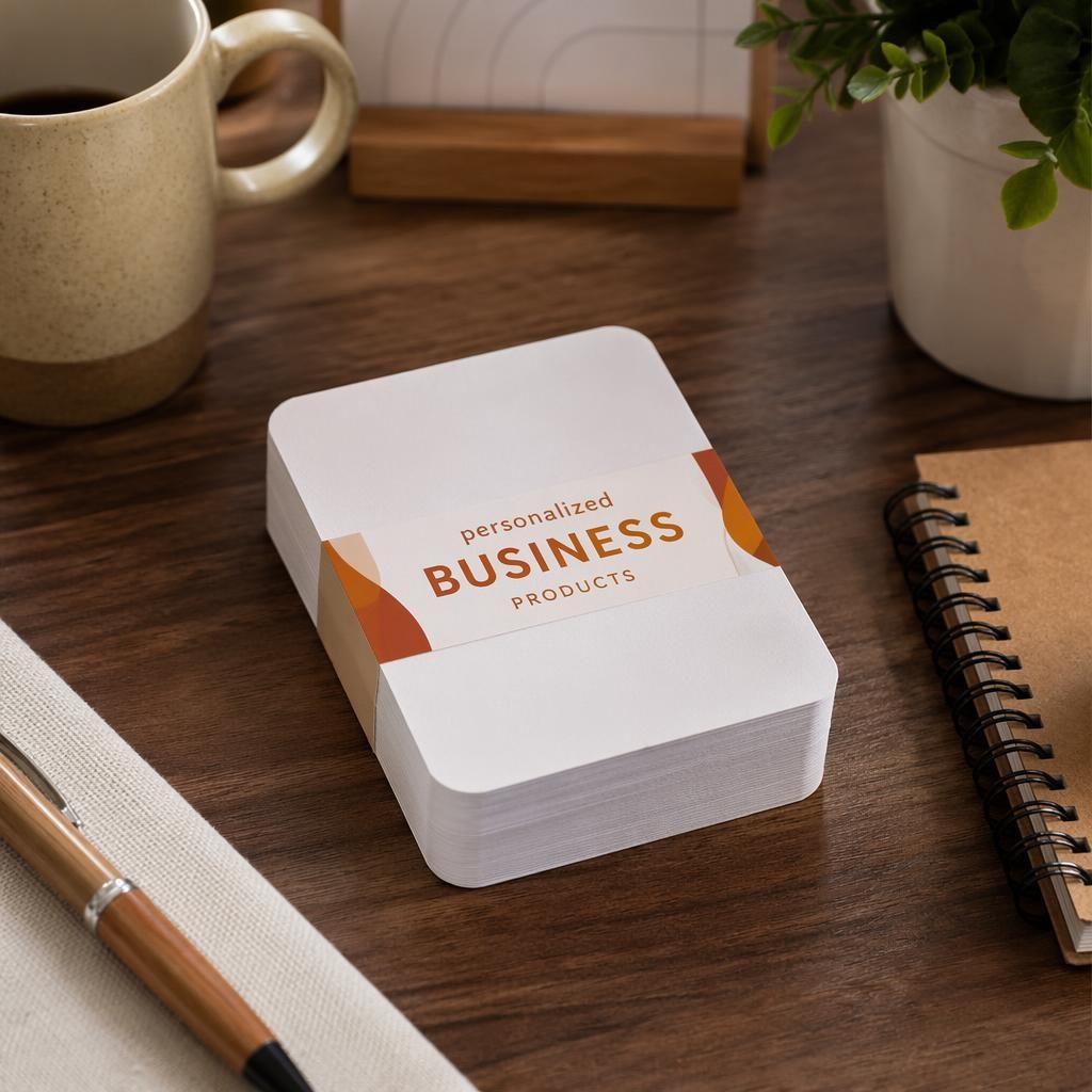 Photo-real white sticker pack mockup on a desk, with generic wrap-around logo, warm earth tones, paper texture, and studio lighting.