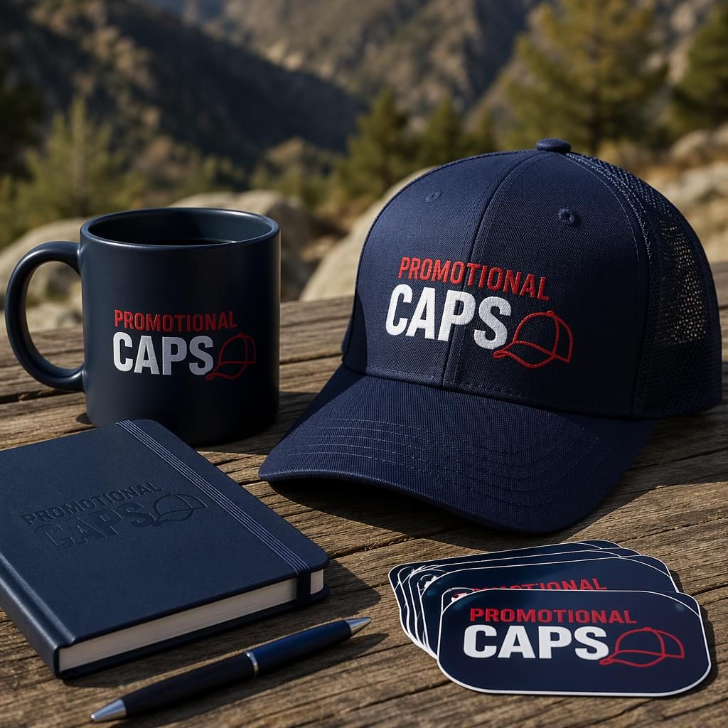 Photo-real navy sticker pack mockup with subtle tone-on-tone promotional caps logo in an outdoor lifestyle setup.