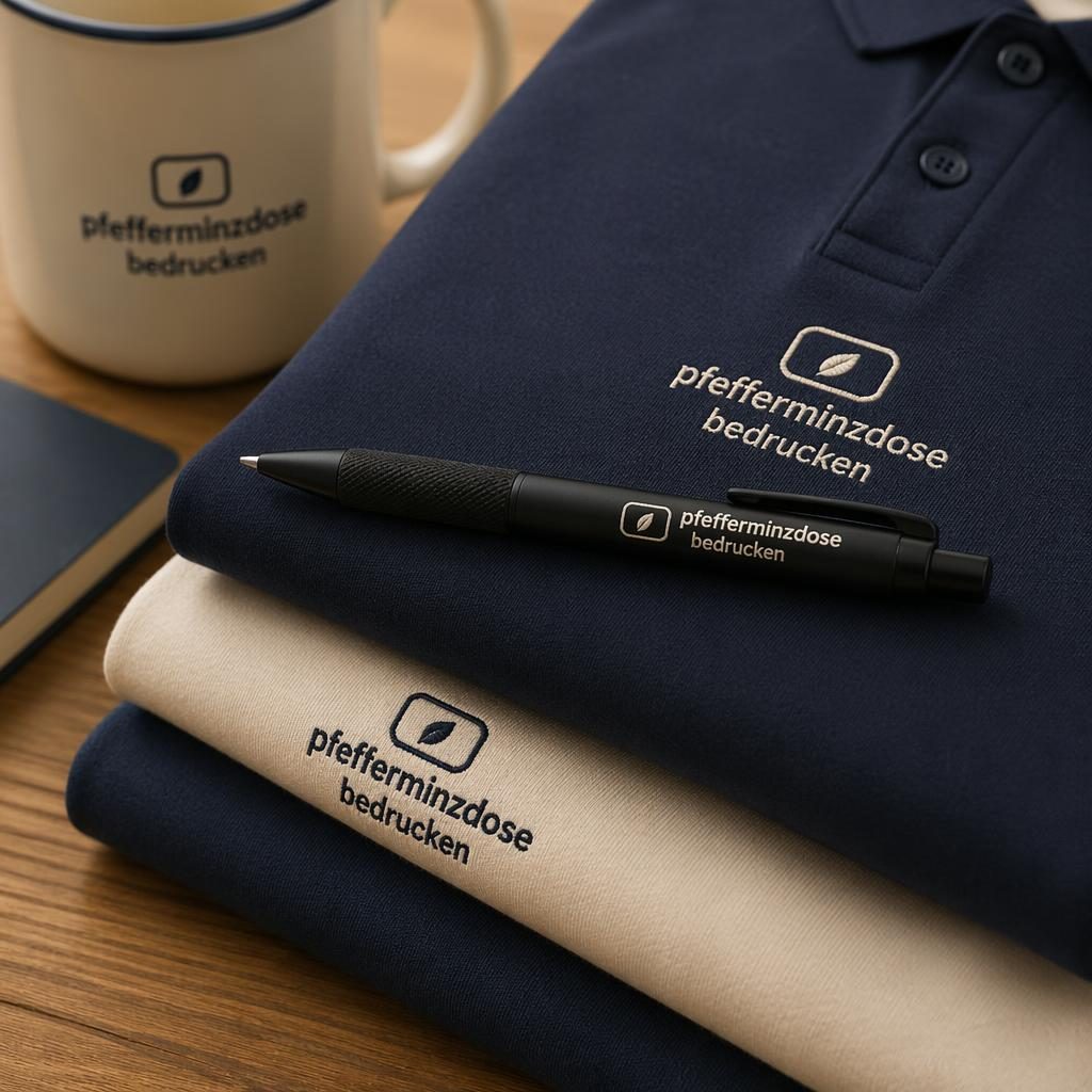 Fotorealistischer schwarzer Stift mit generischem Logo in Navy und Creme, scharf ausgeleuchtet im Studio.