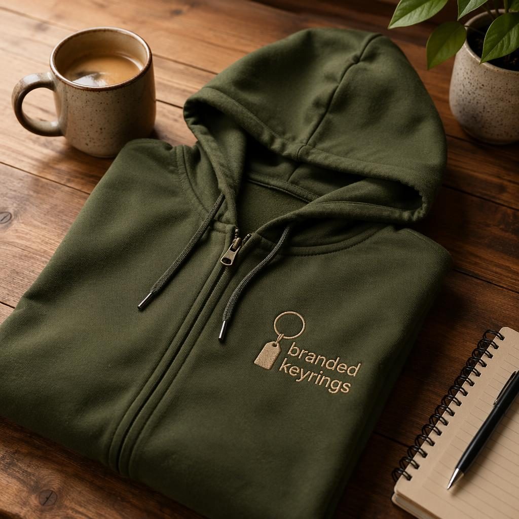 Olive green zip-up hoodie with branded keyrings embroidery in a warm desk lifestyle mockup scene.