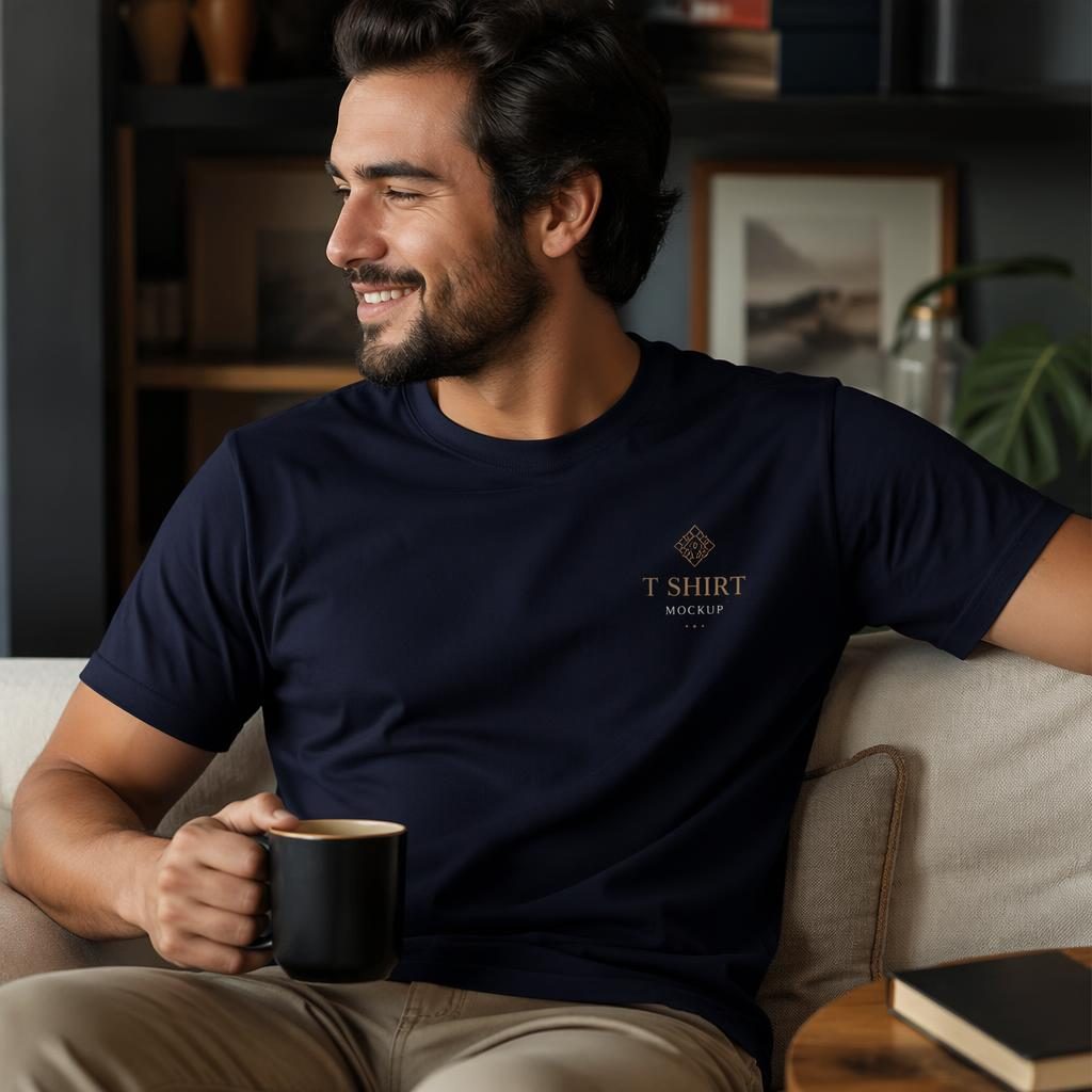 Photo-real navy t shirt mockup with a small black and gold logo on the left chest in a cozy luxury home setting.