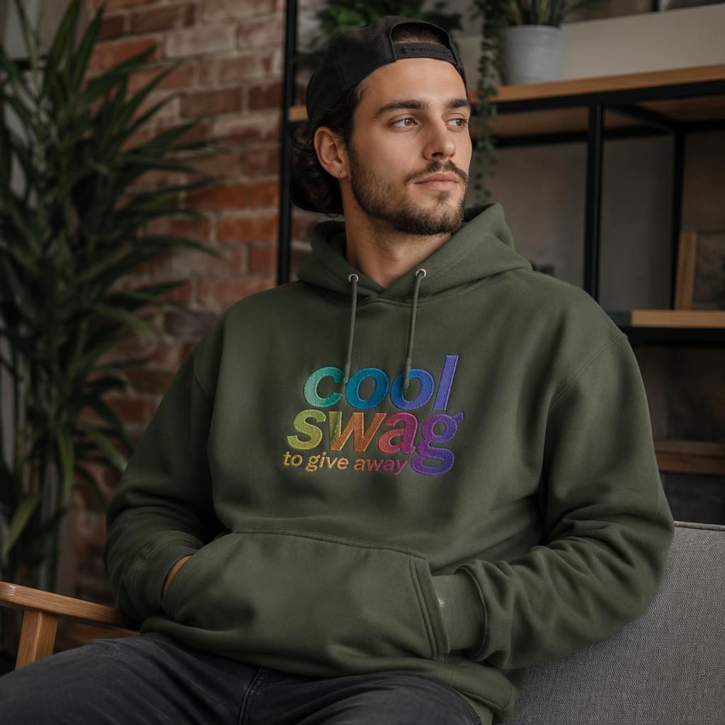 Model wearing an olive green hoodie with a colorful embroidered cool swag to give away logo in a studio mockup
