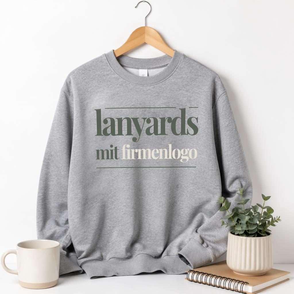 Heathergraues Crewneck-Sweatshirt mit großem lanyards mit firmenlogo Print auf weißem Hintergrund
