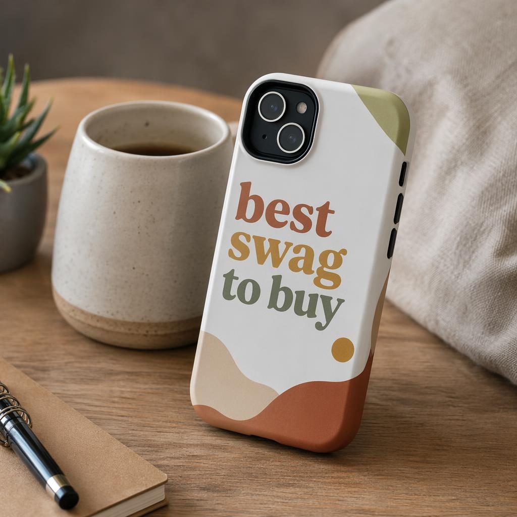 White phone case mockup on a desk scene with wrap-around best swag to buy logo in warm earth tones.
