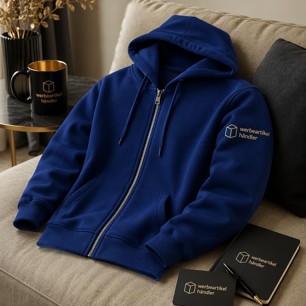 Fotorealistischer royalblauer Zip-Hoodie im Cozy-Home-Setting mit Logo auf dem Ärmel in Schwarz und Gold