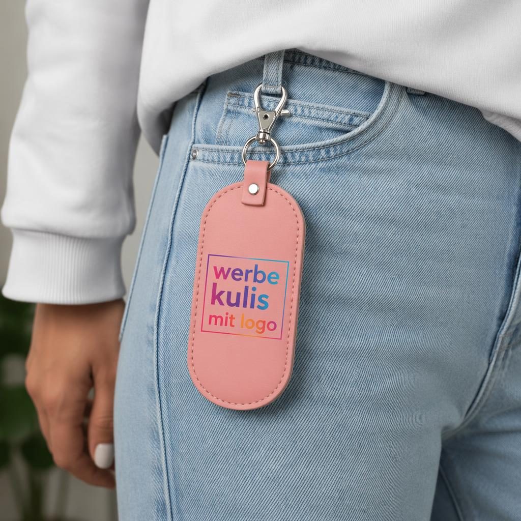 Fotorealistischer dusty-pink Schlüsselanhänger als Mockup am Model getragen, mit farbigem Logo auf der Rückseite