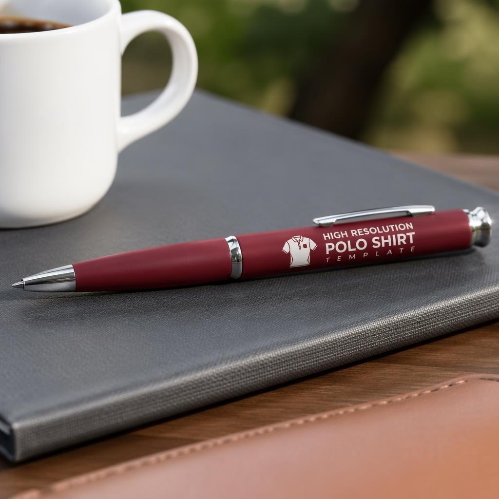 Photoreal burgundy pen mockup outdoors with a red and white wraparound high resolution polo shirt template logo
