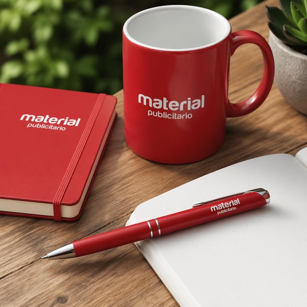 Mockup fotorrealista de un bolígrafo rojo con logo blanco genérico, fotografiado al aire libre con enfoque nítido.