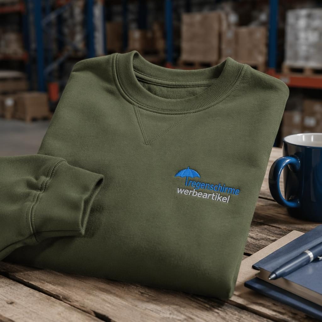Fotorealistischer olivgrüner Crewneck mit gesticktem regenschirme werbeartikel Logo im industriellen Studio-Setup