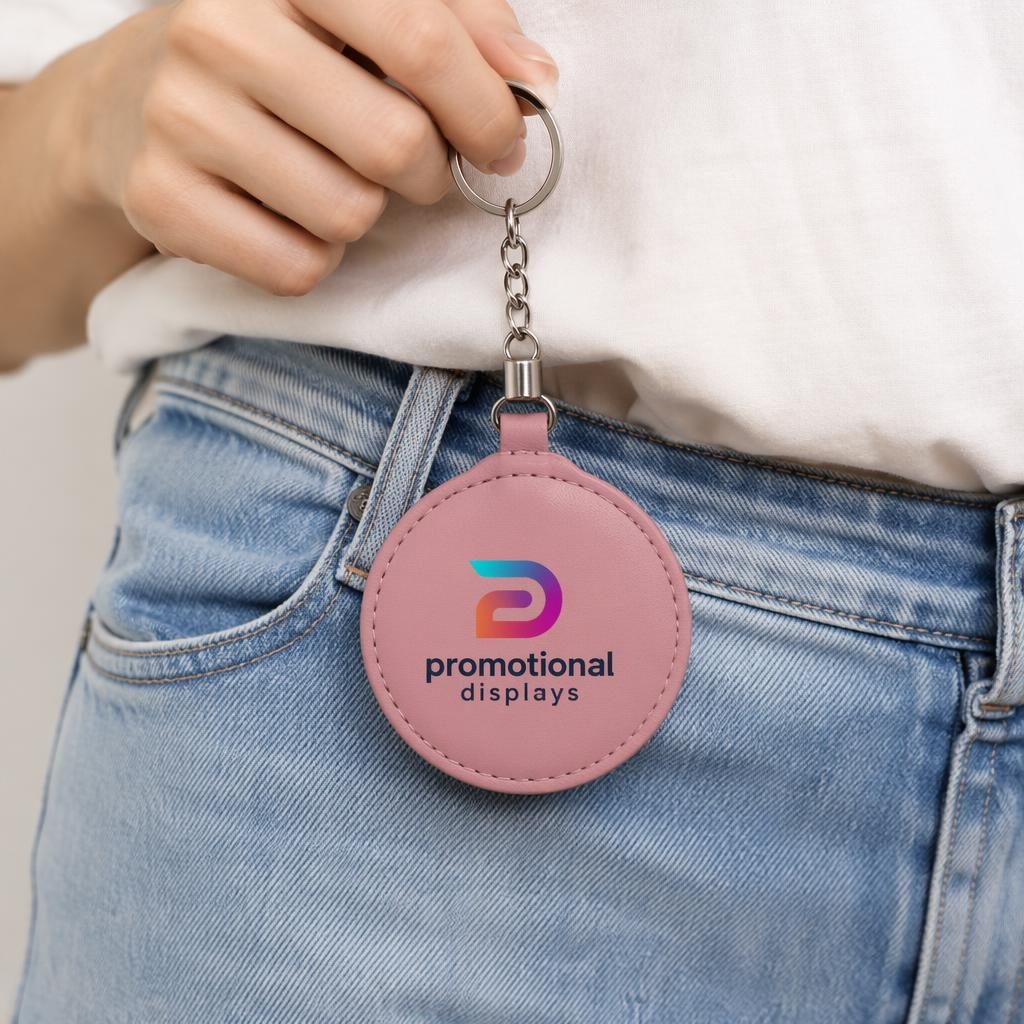 Photo-real dusty pink keychain worn on model, full-back promotional displays logo in a vibrant gradient palette.