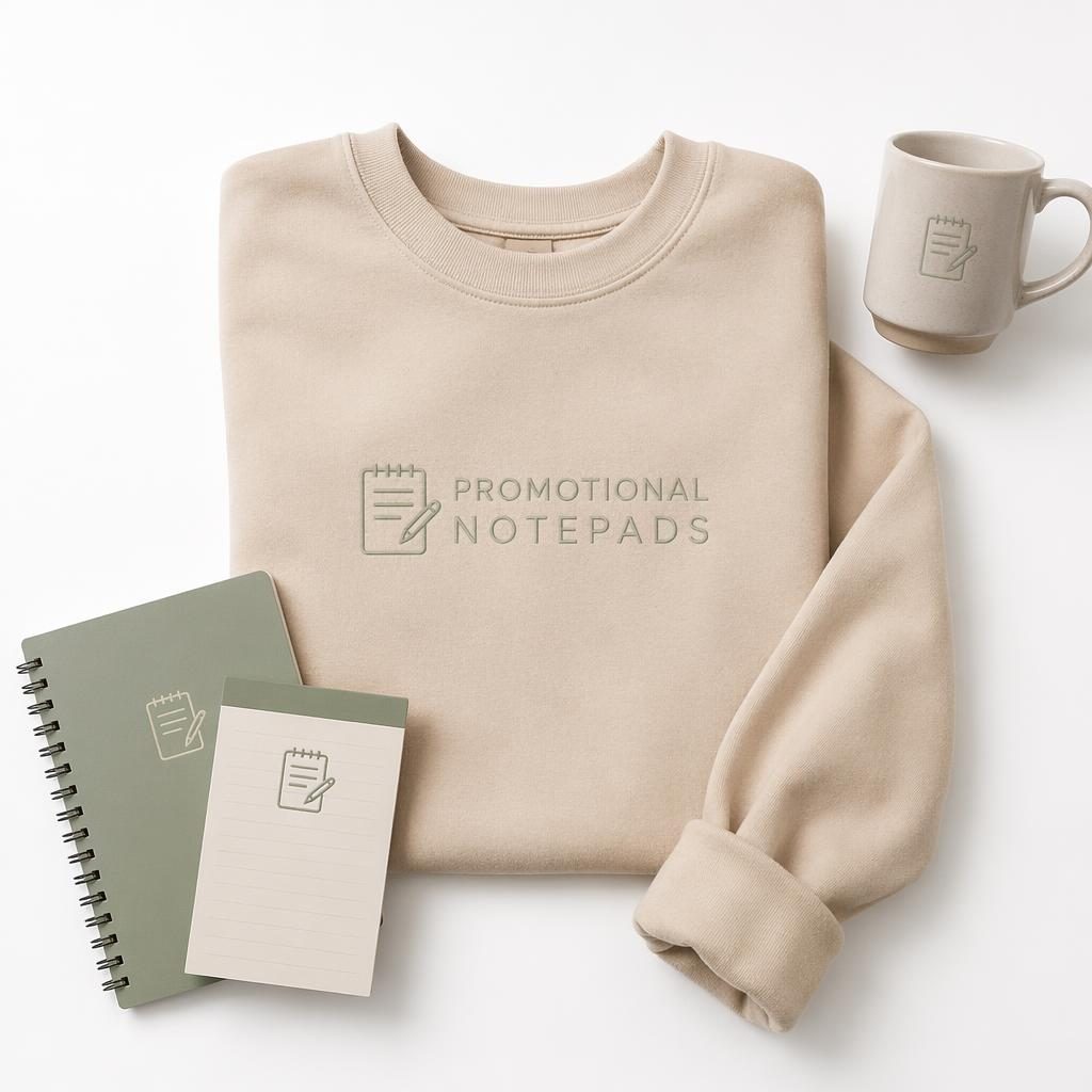 Beige sand sweatshirt mockup on a white background with a subtle tone-on-tone promotional notepads logo.