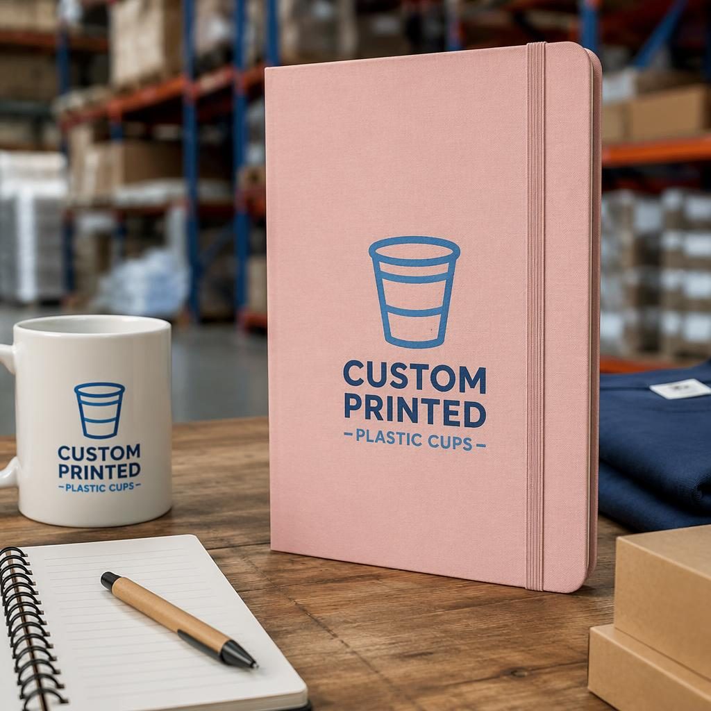 Dusty pink notebook mockup with custom printed plastic cups logo on the back in a warehouse-style studio setting