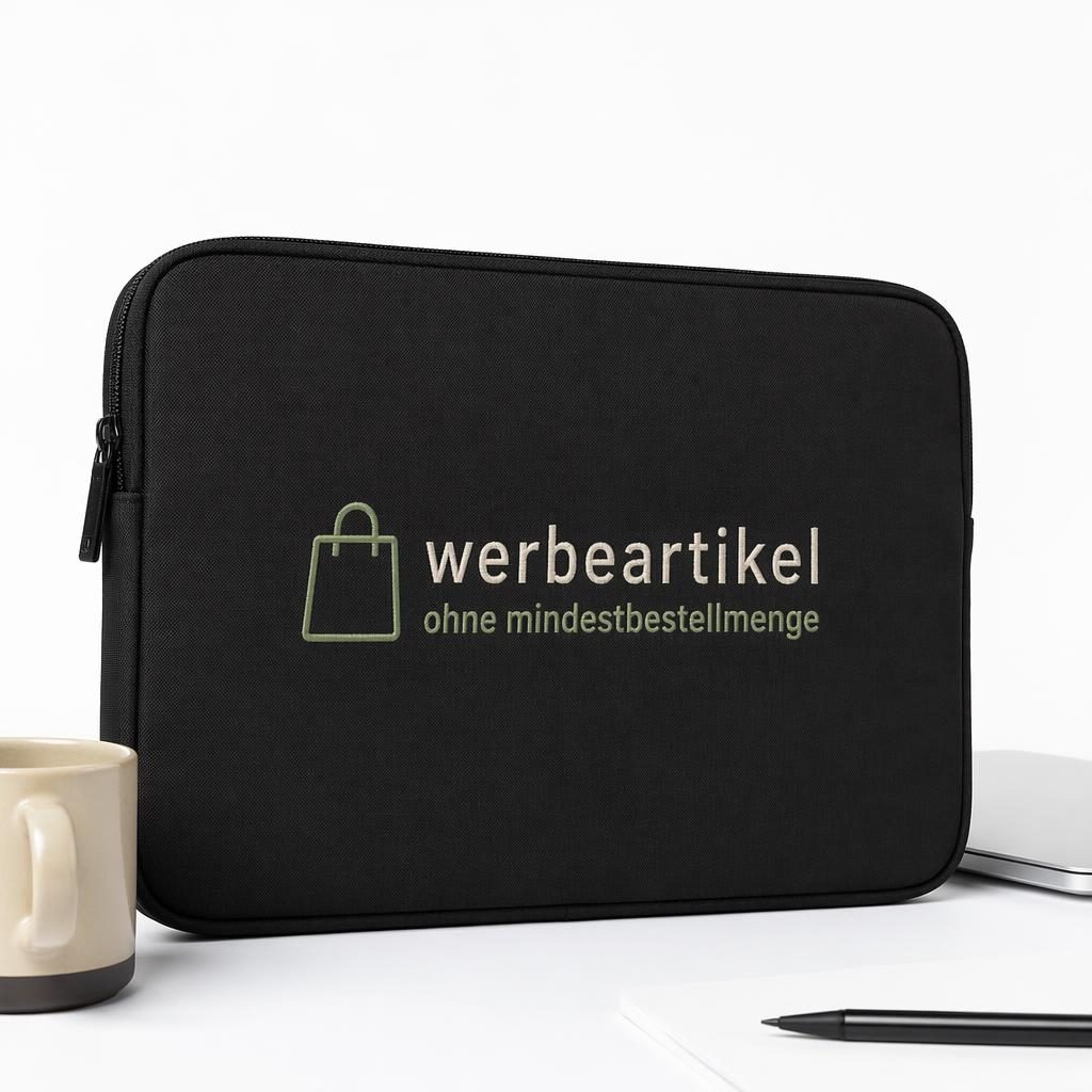 Schwarze Laptop-Hülle auf weißem Hintergrund mit gesticktem Logo in Salbei und Elfenbein, frontal fotografiert.