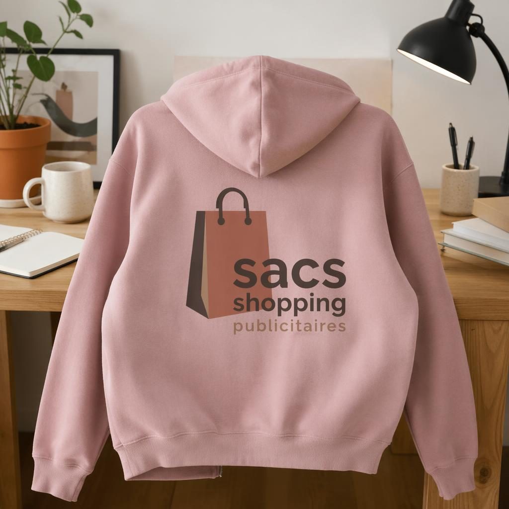 Mockup photo réaliste d’un hoodie zippé rose poudré vu de dos sur un bureau, logo sacs shopping publicitaires au dos.