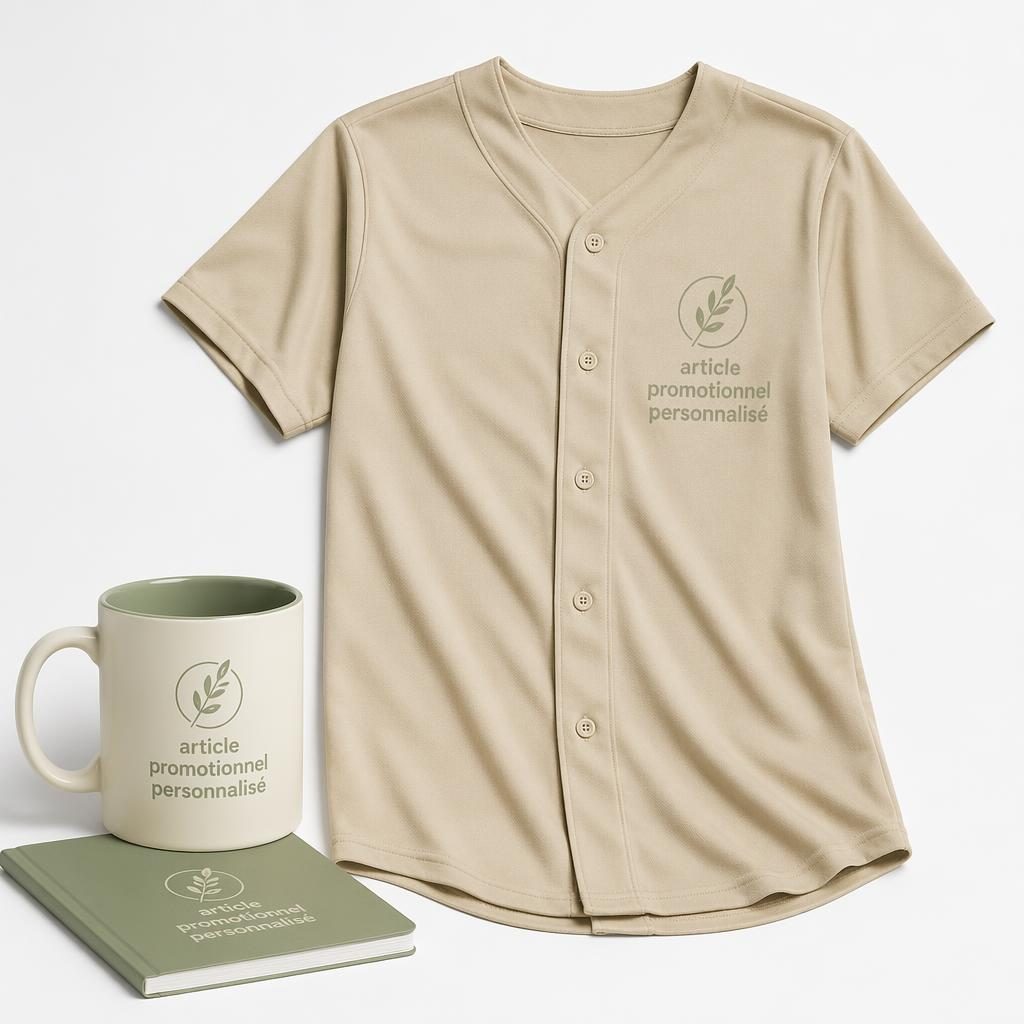 Mockup photo réaliste d’un maillot de baseball beige sur fond blanc, logo ton sur ton subtil style article promotionnel personnalisé.