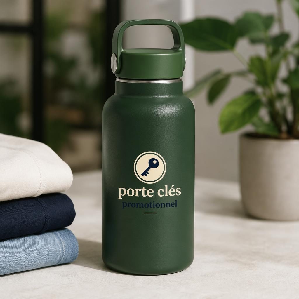 Gourde vert forêt en mockup photo réaliste, logo promotionnel centré, palette bleu marine et crème, fond studio net.