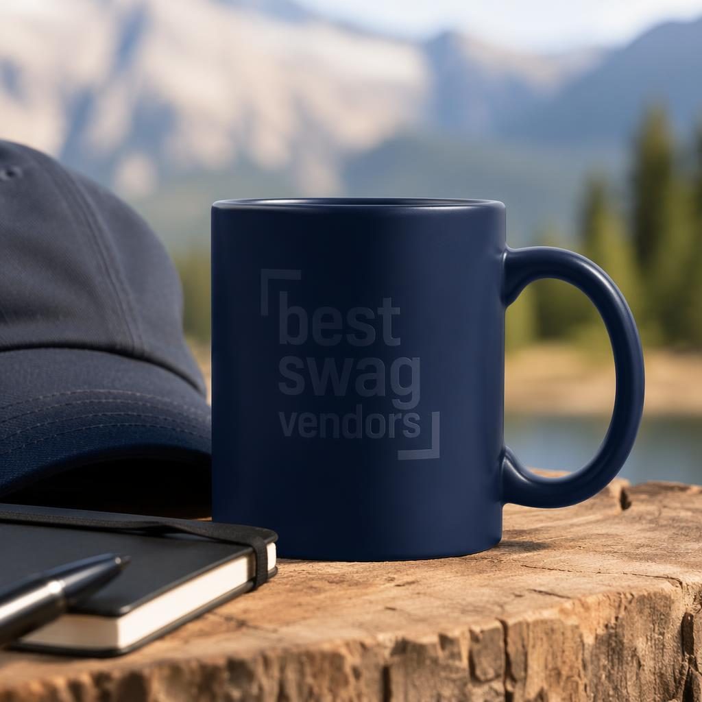 Photoreal navy ceramic mug with a subtle tone-on-tone best swag vendors logo in an outdoor lifestyle mockup.