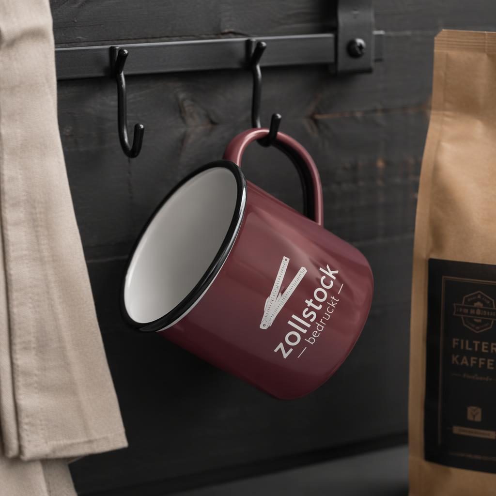 Bordeauxfarbener Emaillebecher als Mockup, an einem Rack hängend, mit schlichtem zollstock bedruckt Logo mittig