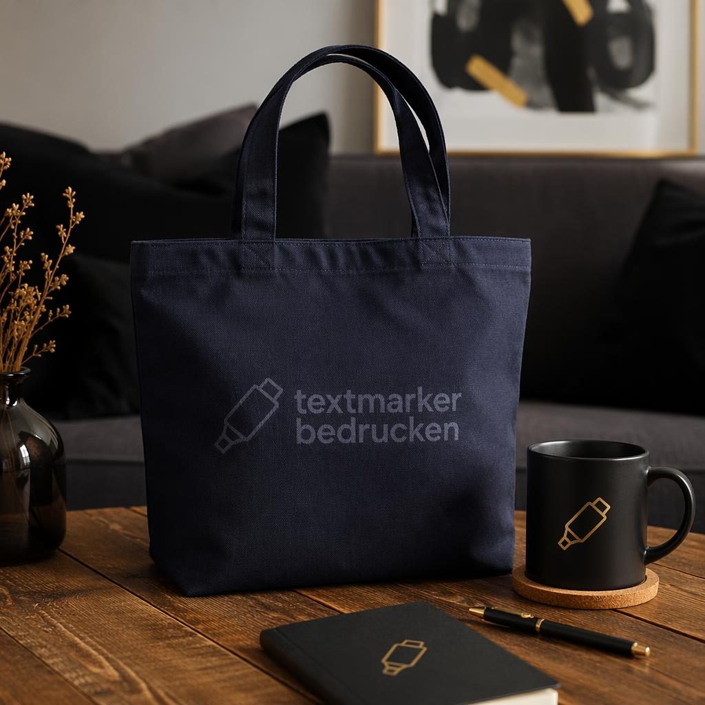 Navy Tote Bag mit dezent tonigem textmarker bedrucken Logo in cozy Home-Setting, Schwarz-Gold-Look